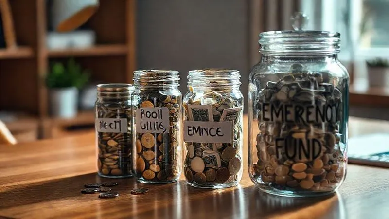 A photorealistic image of a stack of coins and bills neatly organized in clear jars labeled 'Rent', 'Food', 'Utilities', and a large jar labeled 'Emergency Fund', all placed on a polished wooden desk in a minimalist home office. Soft, warm cinematic lighting, sharp focus on the money jars, depth of field blurring the background. 8K hyper-detailed, professional photography, shot on a high-end DSLR.