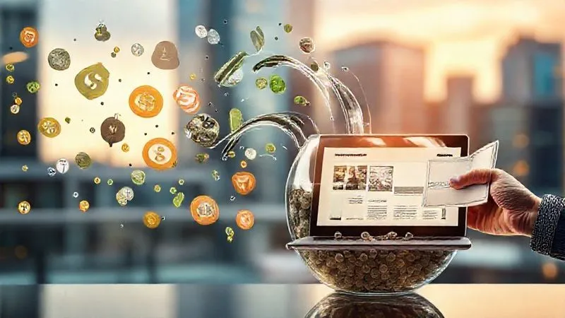 A photorealistic image of a diverse set of income streams flowing into a single, robust financial reservoir. Examples of streams include a digital currency symbol, a small e-book, a laptop screen showing a project, and a hand holding a check. The reservoir is clearly labeled 'Freelancer's Stable Income'. Dynamic, cinematic lighting, sharp focus on the flow and reservoir, depth of field blurring a background of a modern cityscape. 8K hyper-detailed, professional photography, shot on a high-end DSLR.