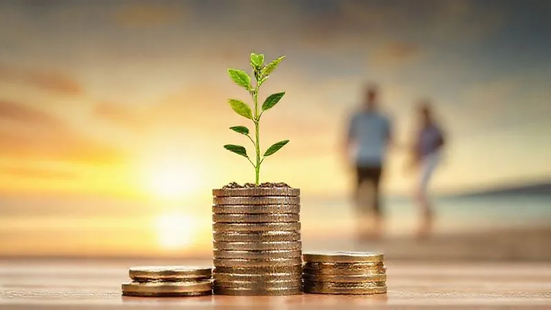 A photorealistic image of a small, green plant growing steadily from a stack of coins, symbolizing long-term investment and growth. In the background, a blurred image of a modern, tranquil retirement scene (e.g., a couple walking on a beach at sunset). Cinematic lighting, sharp focus on the plant and coins, depth of field. 8K hyper-detailed, professional photography, shot on a high-end DSLR.