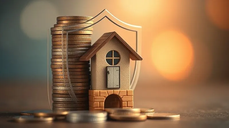 A photorealistic, professional photography, 8K, cinematic lighting, sharp focus, depth of field, shot on a high-end DSLR image of a stack of coins growing into a robust, protective shield around a small, stylized house, symbolizing a strong emergency fund protecting a home from financial instability. The background is slightly blurred with warm, reassuring light.