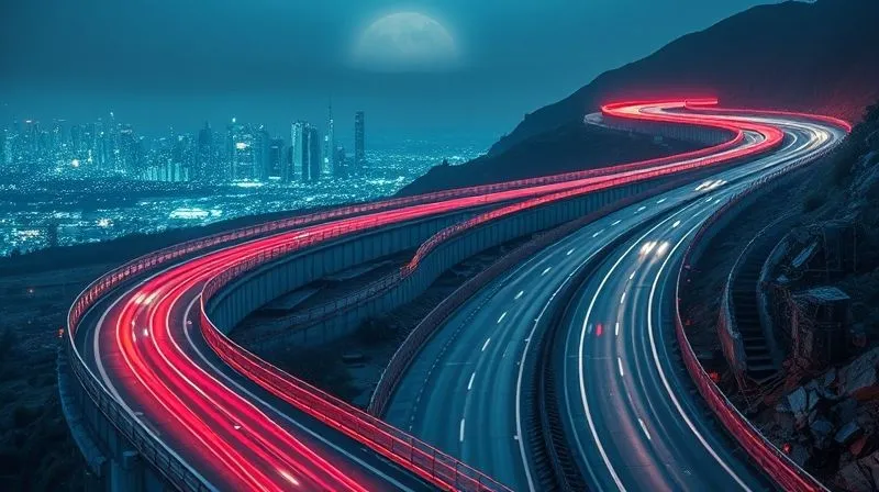 A photorealistic image of a winding, futuristic highway with data streams flowing like traffic, symbolizing the rapid and continuous advancement of technology. Digital interfaces glow on the horizon, with older, faded tech structures crumbling on the side, cinematic lighting, sharp focus, depth of field, shot on a high-end DSLR, 8K hyper-detailed.