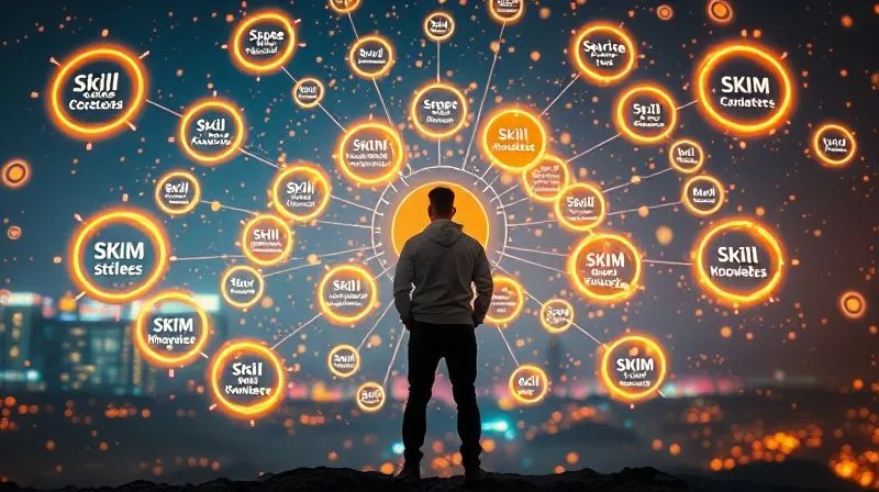 A photorealistic image of a person standing at the center of a constellation of glowing skill bubbles, each representing a different technical or soft skill, interconnected by lines of knowledge. The background is a vibrant, evolving digital landscape, cinematic lighting, sharp focus on the person, depth of field, shot on a high-end DSLR, 8K hyper-detailed.