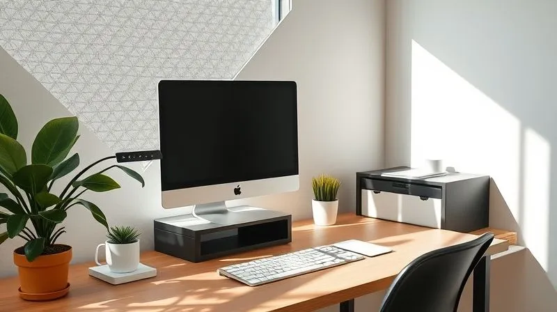 A photorealistic image of a clean, minimalist home office desk with a single monitor, a plant, and natural light streaming in. Cinematic lighting, sharp focus on the organized desk, 8K, professional photography.