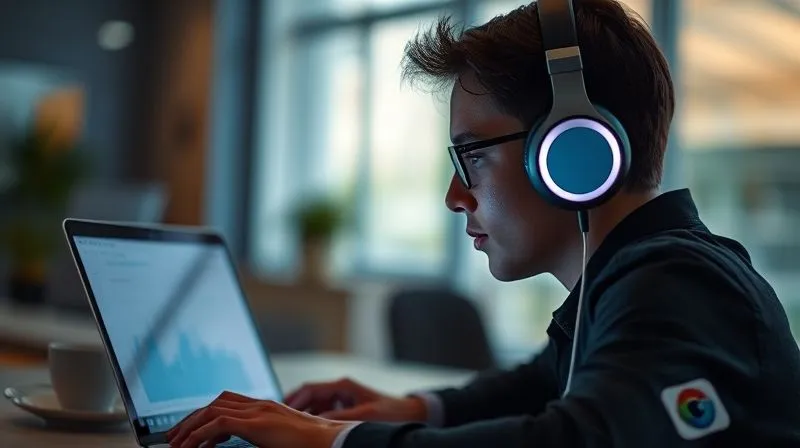 A photorealistic image of a person wearing noise-cancelling headphones, intensely focused on a laptop screen, with a soft glow emanating from the screen. The background is a blur of a quiet, modern workspace, suggesting a bubble of concentration. Cinematic lighting, sharp focus on the person, 8K, professional photography.