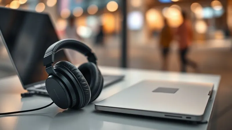 A photorealistic image of high-quality noise-cancelling headphones resting on a minimalist desk next to a laptop, with a soft, ambient glow. The background shows a subtle blur of a bustling environment, contrasted with the sharp focus on the headphones, symbolizing peace amidst chaos. Cinematic lighting, 8K, professional photography.