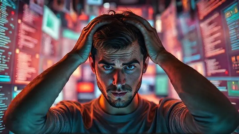 A photorealistic image of a freelancer looking overwhelmed, surrounded by glowing digital screens displaying chaotic task lists and overflowing inboxes, hands on head, cinematic lighting emphasizing stress and confusion. Sharp focus on the freelancer, depth of field blurring the chaotic background, 8K hyper-detailed.