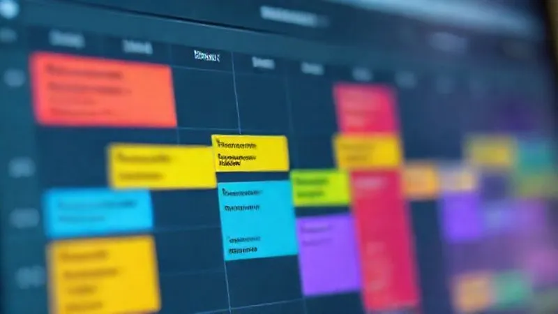 A photorealistic close-up of a digital calendar interface showing color-coded blocks of time for various sub-tasks within a complex project. Each block is clearly labeled, demonstrating a well-structured work breakdown. Sharp focus on the screen, soft depth of field, cinematic lighting, 8K hyper-detailed.