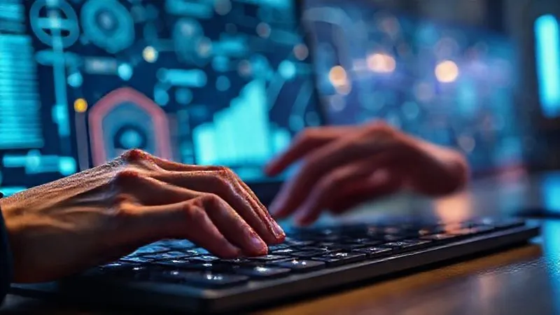 A photorealistic image of a freelancer's hands typing efficiently on a keyboard, with subtle glowing lines connecting different digital tools and processes on a screen in the background, symbolizing automation and seamless workflow. Cinematic lighting, sharp focus on hands and keyboard, depth of field blurring the background, 8K hyper-detailed.