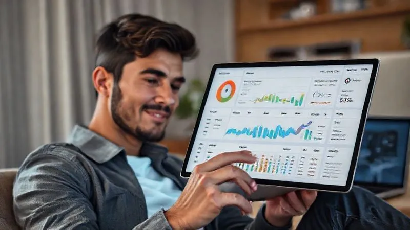 A photorealistic image of a freelancer looking calmly at a tablet displaying a financial dashboard with clear charts and figures, showing a positive balance and organized expenses. A laptop with an open accounting software is in the background. Cinematic lighting, sharp focus on the tablet, depth of field blurring the background, 8K hyper-detailed, professional photography, shot on a high-end DSLR.
