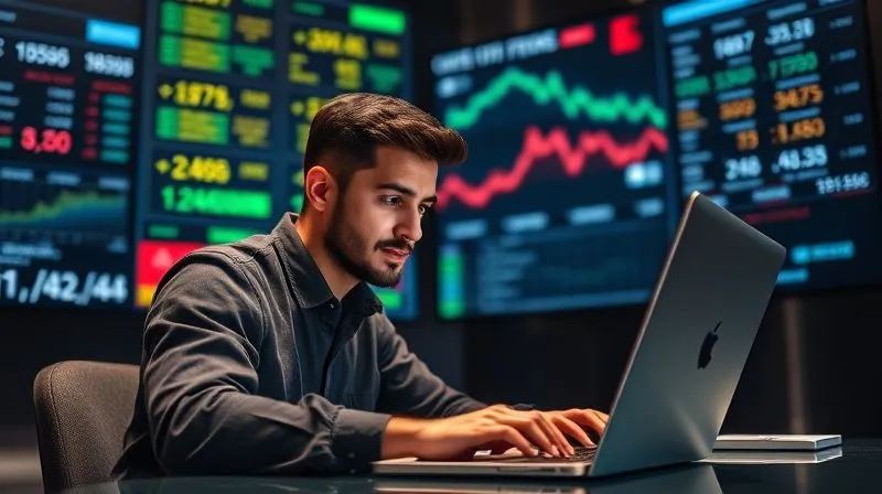A photorealistic image of a freelancer working on a laptop, with multiple digital screens in the background showing different currency exchange rates and bank accounts. The freelancer has a serene and focused expression. Cinematic lighting, sharp focus, 8K hyper-detailed, professional photography.