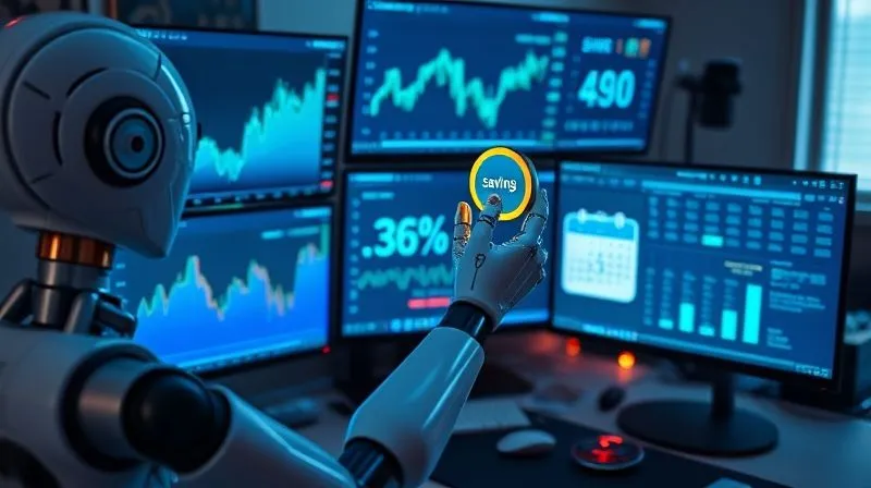 A photorealistic image of a freelancer's desktop setup with multiple monitors displaying financial charts, currency converters, and a calendar with payment reminders. A robot arm subtly points to a 'savings' indicator. Cinematic lighting, sharp focus, 8K hyper-detailed, professional photography.