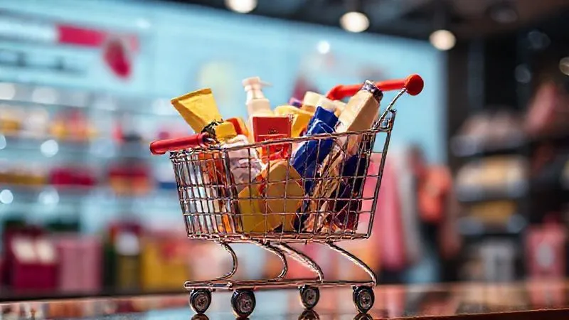 A photorealistic, professional photography image depicting a shopping cart filled with various e-commerce products, with additional complementary items subtly appearing around it, suggesting upselling and cross-selling. The background is a clean, modern digital interface of an online store. 8K, cinematic lighting, sharp focus on the products, depth of field, shot on a high-end DSLR.