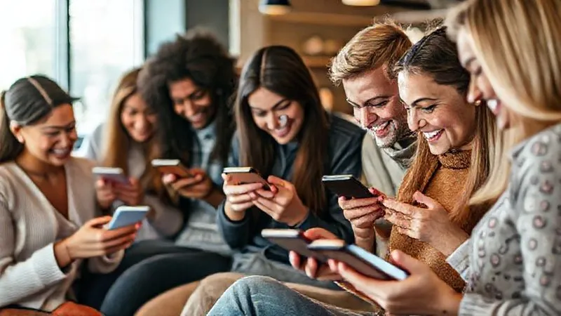 A photorealistic, professional photography image of a diverse group of people engaging happily on their smartphones and tablets, with social media icons subtly overlaid on the screens, symbolizing online community building and interaction. The setting is bright and inviting, perhaps a modern co-working space or a cafe. 8K, cinematic lighting, sharp focus on the people and devices, depth of field, shot on a high-end DSLR.