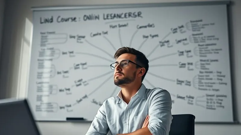 A photorealistic image of a thoughtful freelancer, perhaps a man, sitting in front of a large whiteboard filled with a complex, yet organized, mind map for an online course. Lines and arrows connect various ideas, modules, and lessons. The environment is a modern, clean office, with cinematic lighting highlighting the focused expression and the intricate details of the mind map, suggesting deep strategic planning.