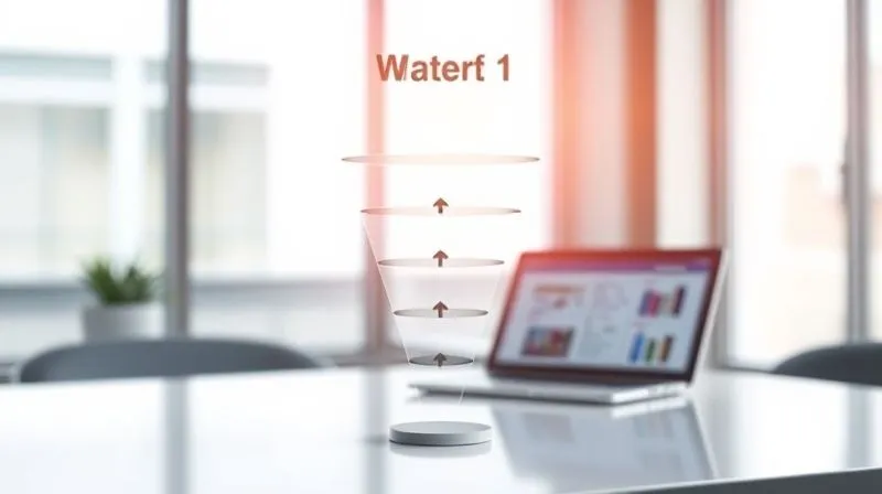 A photorealistic image of a minimalist and clean sales funnel, visualized as a series of interconnected steps or segments, with clear arrows indicating the flow from awareness to purchase. The setting is a bright, modern office environment, perhaps with a laptop displaying sales metrics in the background. Cinematic lighting emphasizes the clarity and simplicity of the funnel structure, with sharp focus on the central concept.