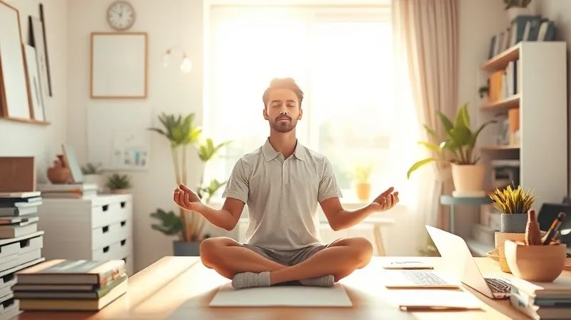 A photorealistic image of a person meditating calmly at a beautifully organized and uncluttered workspace. Soft, warm sunlight streams through a window, illuminating the scene and creating a peaceful ambiance. The individual's posture suggests serenity and mental clarity, symbolizing effective stress management and focus amidst the demands of a freelance career and online course creation. Cinematic lighting, sharp focus on the person, depth of field blurring the background, 8K hyper-detailed, professional photography, shot on a high-end DSLR.