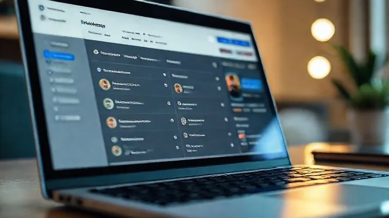 A photorealistic close-up of a Notion dashboard on a laptop screen, showing a clean, organized project management system with tasks, deadlines, and client names. The screen emits a soft glow, with the background slightly blurred. Cinematic lighting, sharp focus, depth of field, 8K, professional photography, shot on a high-end DSLR.