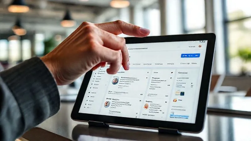 A freelancer's hand pointing at a Notion page on a tablet, showcasing a clean, well-organized client portal with project updates and shared documents. The hand is in motion, suggesting interaction. The background is a modern, bright workspace. Photorealistic, professional photography, 8K, cinematic lighting, sharp focus, depth of field, shot on a high-end DSLR.