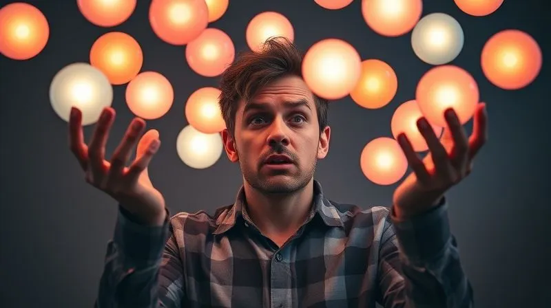 A photorealistic image of a person juggling too many glowing balls, some falling, representing multitasking failure. The person's expression is stressed. Cinematic lighting, sharp focus, 8K, shot on a high-end DSLR.
