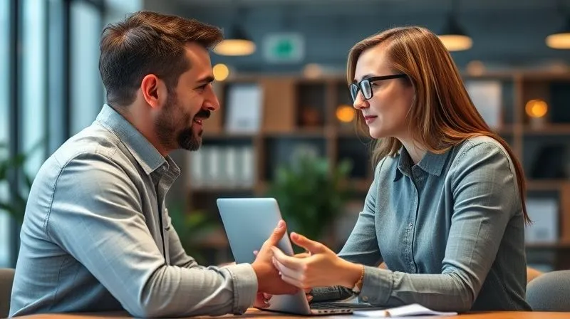 A photorealistic image of a freelancer delegating tasks to a team member or a virtual assistant, with a clear, calm exchange of information. The background shows an efficient workflow with digital tools. Cinematic lighting, sharp focus, 8K, shot on a high-end DSLR.