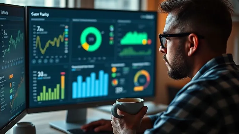 A photorealistic image of a freelancer thoughtfully reviewing a dashboard with key performance indicators (KPIs) on a monitor, reflecting on data, with a cup of coffee. Cinematic lighting, sharp focus, 8K, shot on a high-end DSLR.