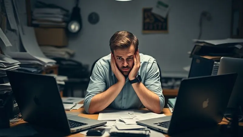 photorealistic, professional photography, 8K, cinematic lighting, sharp focus, depth of field, shot on a high-end DSLR. A single freelancer looking overwhelmed at a cluttered desk, head in hands, surrounded by multiple open laptops and scattered papers, dark shadows, conveying stress and burnout.