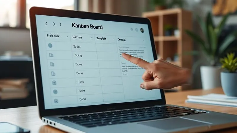 photorealistic, professional photography, 8K, cinematic lighting, sharp focus, depth of field, shot on a high-end DSLR. A clean, digital Kanban board on a laptop screen, showing tasks moving from 'To Do' to 'Doing' to 'Done', with a hand pointing to a completed task. The atmosphere is organized and efficient.