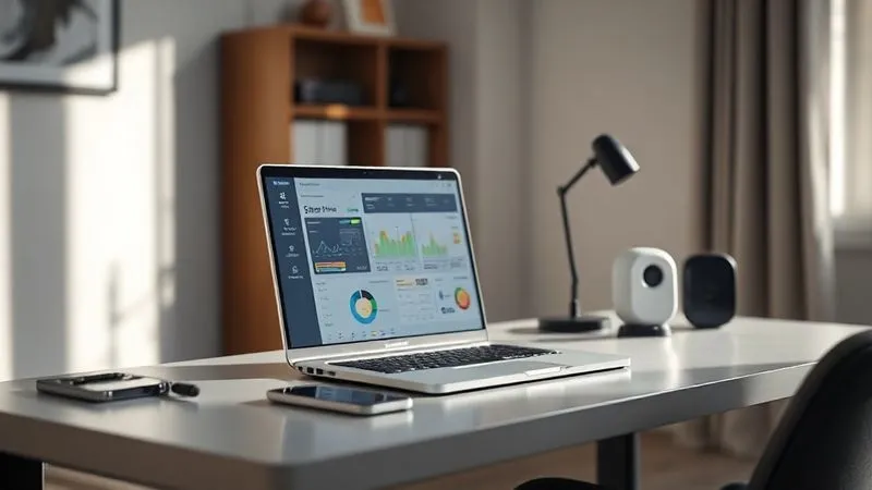 photorealistic, professional photography, 8K, cinematic lighting, sharp focus, depth of field, shot on a high-end DSLR. A clean, minimalist desk setup with a laptop displaying a modern project management dashboard, a smartphone, and a smart home device, all subtly connected, suggesting seamless automation and efficiency. Soft, natural light fills the room.