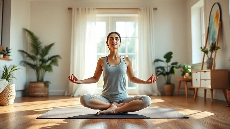 photorealistic, professional photography, 8K, cinematic lighting, sharp focus, depth of field, shot on a high-end DSLR. A freelancer (diverse, gender-neutral) practicing a calming meditation pose on a yoga mat in a bright, minimalist home studio, with soft morning light streaming in. The atmosphere is peaceful and serene, emphasizing self-care and mental well-being.