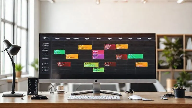 A photorealistic image of a highly organized desk calendar or a digital project timeline on a large monitor, with color-coded blocks representing different projects and buffer times. The background is a clean, modern office space with soft, natural light, conveying a sense of foresight and control. professional photography, 8K, cinematic lighting, sharp focus, depth of field, shot on a high-end DSLR.