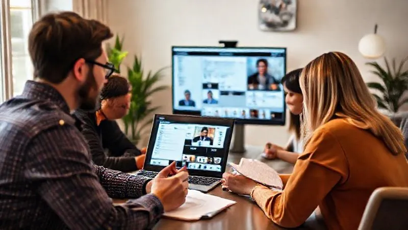 A photorealistic image of a professional, diverse group of people (client and freelancer) engaged in a clear and focused video conference call on a laptop screen. The freelancer is taking notes diligently, and the screen shows a shared project dashboard. The setting is a well-lit, modern home office, conveying effective remote communication and collaboration. professional photography, 8K, cinematic lighting, sharp focus, depth of field, shot on a high-end DSLR.