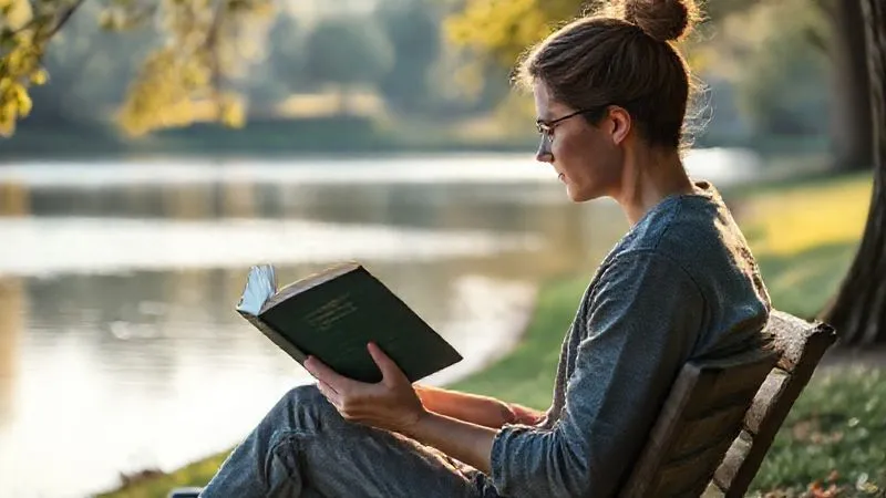 A photorealistic image of a freelancer enjoying a peaceful moment outdoors, perhaps reading a book in a park or meditating by a lake, with soft, natural lighting. The scene conveys a sense of calm, mental well-being, and disconnection from work, emphasizing the importance of self-care for sustained productivity. professional photography, 8K, cinematic lighting, sharp focus, depth of field, shot on a high-end DSLR.