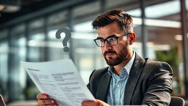 A photorealistic image of a thoughtful human resources recruiter, in a modern office setting, looking intently at a resume with a subtle question mark hovering above a section, cinematic lighting, sharp focus, depth of field, 8K hyper-detailed, shot on a high-end DSLR.