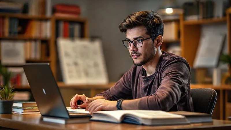 A photorealistic image of a person sitting at a desk, surrounded by books and a laptop, with a determined expression, actively learning or working on a personal project during a period of professional pause. Cinematic lighting, sharp focus on the person, depth of field blurring the background, 8K hyper-detailed, shot on a high-end DSLR.
