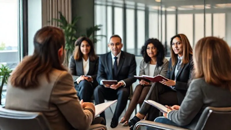 A photorealistic image of a professional, diverse group of individuals in a modern, well-lit interview room. One person is speaking confidently, maintaining eye contact, while the interviewers are listening attentively and taking notes. Cinematic lighting, sharp focus on the speaker, depth of field blurring the background, 8K hyper-detailed, shot on a high-end DSLR.
