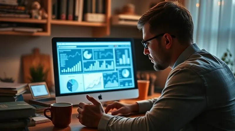 A photorealistic, professional photography of a freelancer intently analyzing a glowing screen filled with data charts and keyword suggestions, surrounded by coffee cups and notebooks, symbolizing meticulous research and strategic planning. The scene is set in a cozy, slightly messy home office with cinematic lighting highlighting the screen and the freelancer's focused expression. Sharp focus on the screen, with depth of field blurring the background. 8K hyper-detailed, shot on a high-end DSLR.