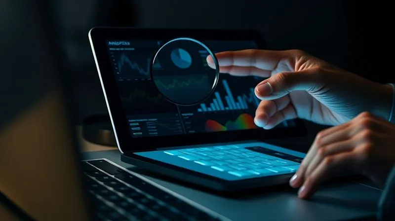 A photorealistic image of a freelancer's hand holding a magnifying glass over a tablet displaying various analytics graphs and charts, with the other hand poised to make adjustments on a laptop keyboard. The setting is a dimly lit, focused workspace, emphasizing detailed data analysis and strategic decision-making. Cinematic lighting creates a dramatic effect on the screen and hands. Sharp focus on the tablet, with depth of field blurring the background. 8K hyper-detailed, professional photography, shot on a high-end DSLR.
