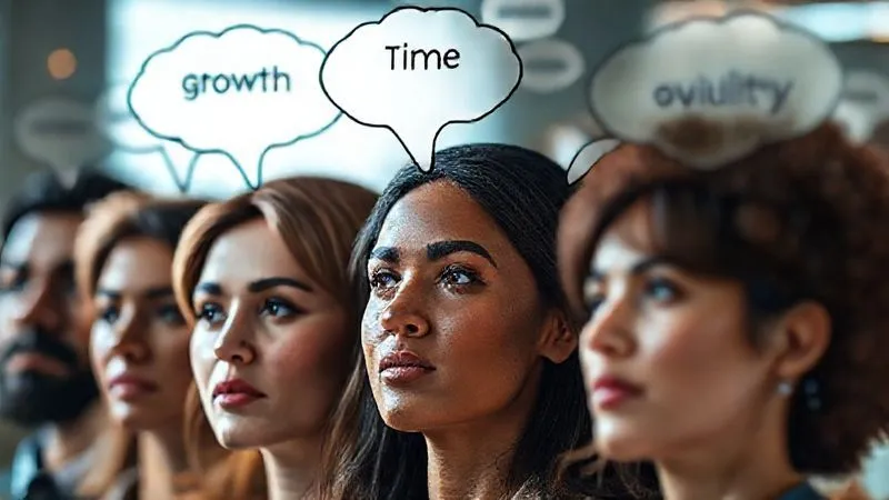 A photorealistic, professional photography, 8K image of a diverse group of people's faces, subtly overlapping and merging, with thought bubbles above their heads containing keywords like 'growth', 'challenge', 'solution', 'time-saving', 'quality', representing a detailed audience persona. Cinematic lighting, sharp focus on the faces, depth of field blurring a background of digital data points, shot on a high-end DSLR.
