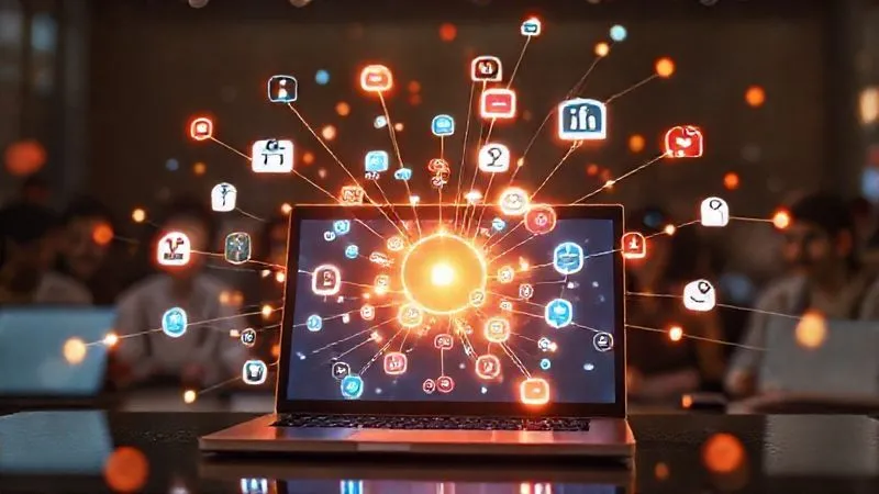 A photorealistic, professional photography, 8K image of a vibrant, interconnected network of social media icons (like LinkedIn, Instagram, TikTok, YouTube) glowing with energy, emanating from a central laptop screen. The network visually expands outwards, illustrating rapid content distribution and engagement. Cinematic lighting, sharp focus on the central screen and network, depth of field blurring a background of diverse digital users, shot on a high-end DSLR.