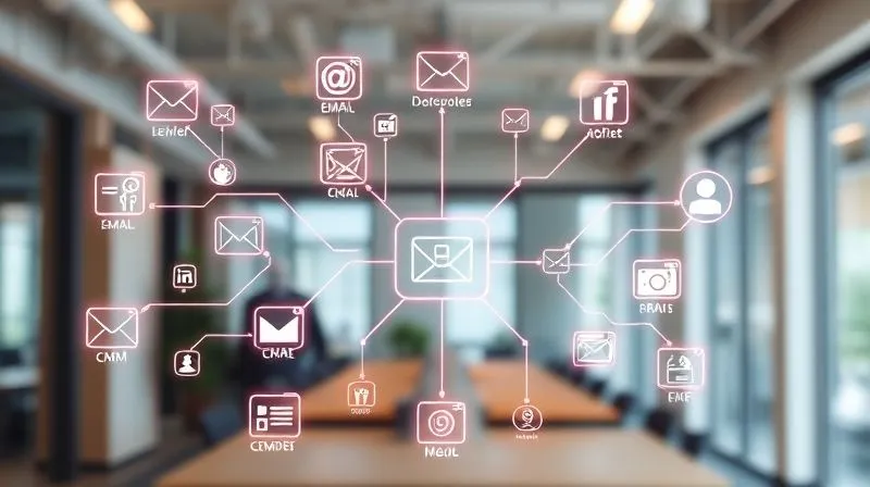 A photorealistic image of a complex but organized flowchart with glowing lines connecting various digital marketing icons (email, social media, CRM), representing automated processes. The background is a blurred, modern office space. Cinematic lighting, sharp focus, depth of field, 8K hyper-detailed, professional photography, shot on a high-end DSLR.