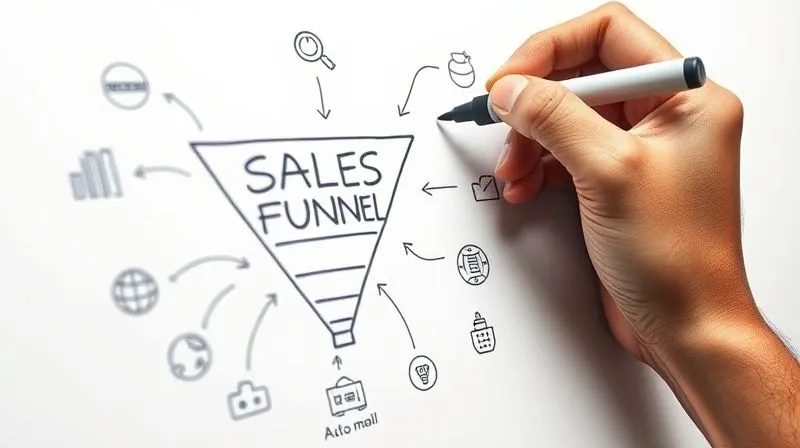 A photorealistic image of a freelancer's hand meticulously drawing a complex sales funnel on a whiteboard, with digital product icons and automation arrows. The hand is holding a marker, and the drawing is clear and detailed. Cinematic lighting, sharp focus, depth of field, 8K hyper-detailed, professional photography, shot on a high-end DSLR.