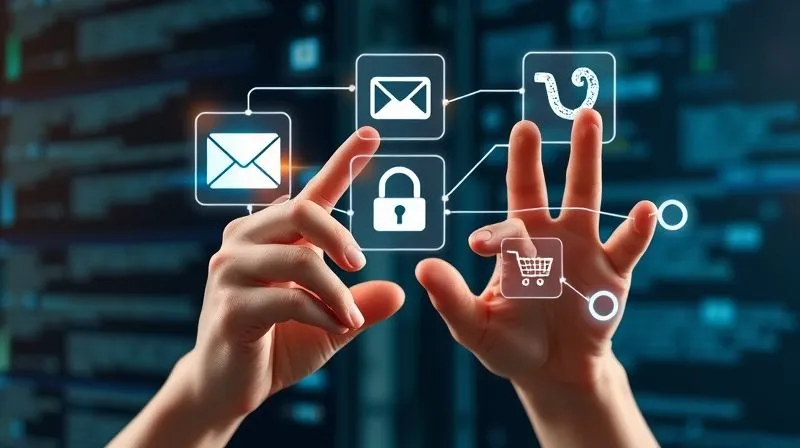 A photorealistic image of a person's hands making a gesture of connection, with glowing digital lines representing data flow and integration between various app icons (email, CRM, social media, e-commerce). The background is a sophisticated digital interface. Cinematic lighting, sharp focus, depth of field, 8K hyper-detailed, professional photography, shot on a high-end DSLR.