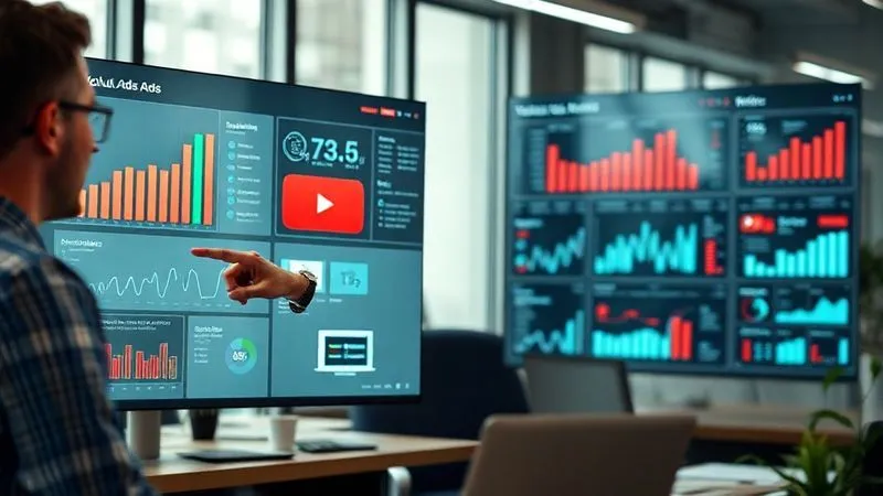 A photorealistic image of a professional freelancer in a modern office, confidently pointing at a complex digital dashboard showing YouTube Ads metrics, with a client looking on with understanding. Cinematic lighting, sharp focus, depth of field, 8K hyper-detailed, professional photography.