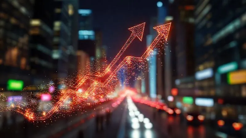 A photorealistic image of a growth chart transforming into an upward-pointing arrow, with digital data flowing around it, symbolizing continuous optimization and scaling in YouTube Ads. Cinematic lighting, sharp focus, depth of field blurring a background of a bustling digital cityscape. 8K hyper-detailed, professional photography.