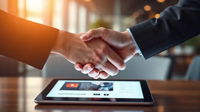 A photorealistic image of two hands shaking firmly over a glowing digital tablet displaying a successful YouTube Ads campaign summary, symbolizing trust and a strong professional partnership. Cinematic lighting, sharp focus on the handshake, depth of field blurring a modern office background. 8K hyper-detailed, professional photography.