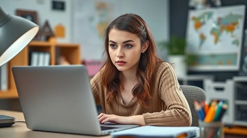 A photorealistic image of a thoughtful young woman, a freelance designer, sitting at her desk with a laptop, looking slightly overwhelmed but determined. Her desk is organized but with a subtle hint of creative chaos, representing the challenges of balancing work and life. Cinematic lighting highlights her face, sharp focus on her expression, depth of field blurring the background. 8K hyper-detailed, professional photography, shot on a high-end DSLR.
