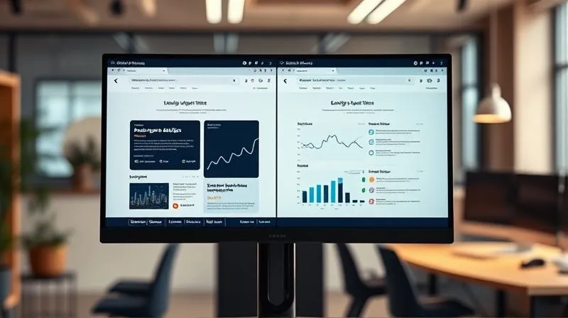 A photorealistic image of a split-screen on a monitor, displaying two slightly different versions of a landing page side-by-side, with data analytics charts overlaying them. Cinematic lighting, sharp focus on the screen, depth of field blurring the office background. 8K hyper-detailed, professional photography, shot on a high-end DSLR.