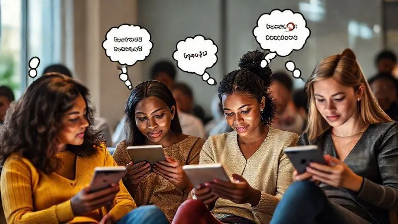 A photorealistic image of a diverse group of people engaged in an online survey on their devices, with thought bubbles indicating their pain points. Cinematic lighting, sharp focus.