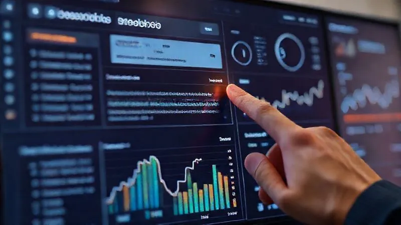 A photorealistic image of a digital marketing dashboard showing keyword research results and SEO metrics, with a hand pointing to a high-ranking keyword. 8K, cinematic lighting.