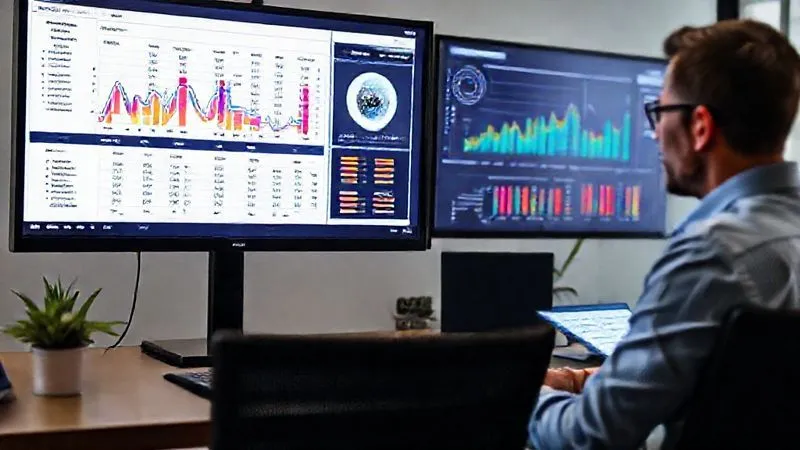 A photorealistic image of a data analyst reviewing A/B test results on a large monitor, with vibrant charts and graphs indicating performance differences. Professional setting, sharp focus.
